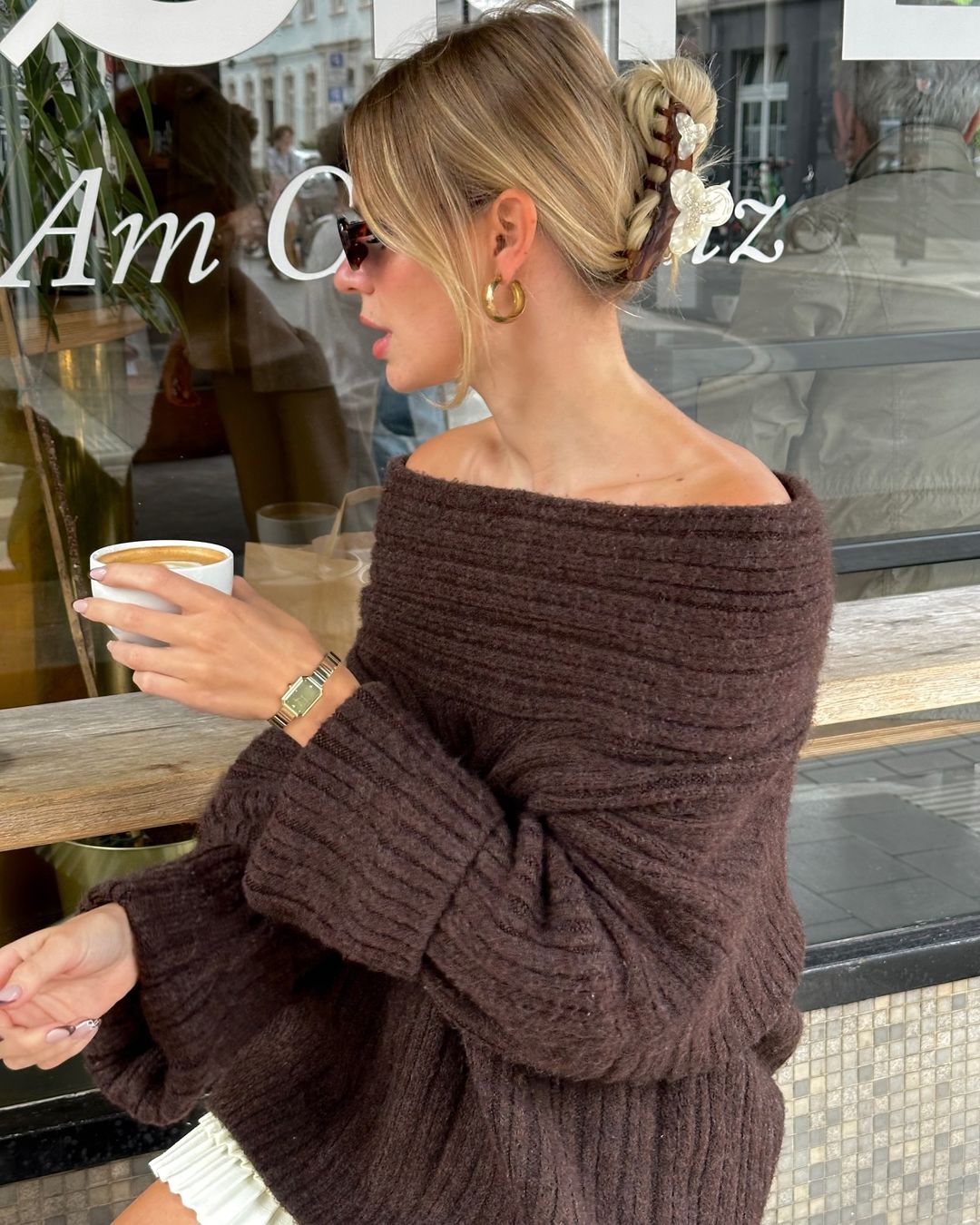 Off-Shoulder Knit Sweater - Brown