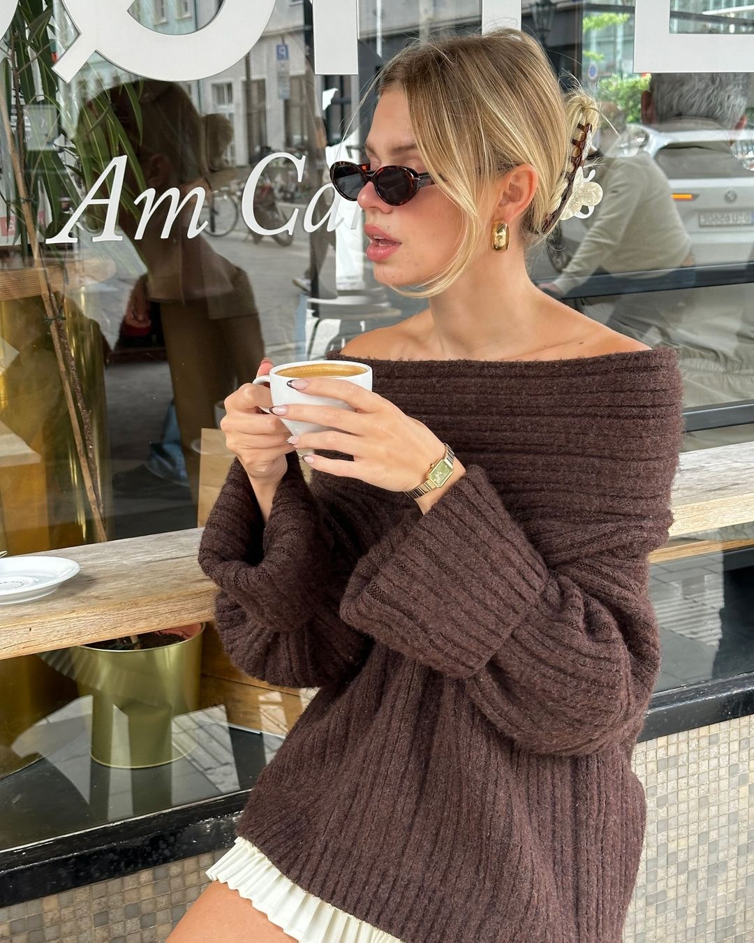 Off-Shoulder Knit Sweater - Brown