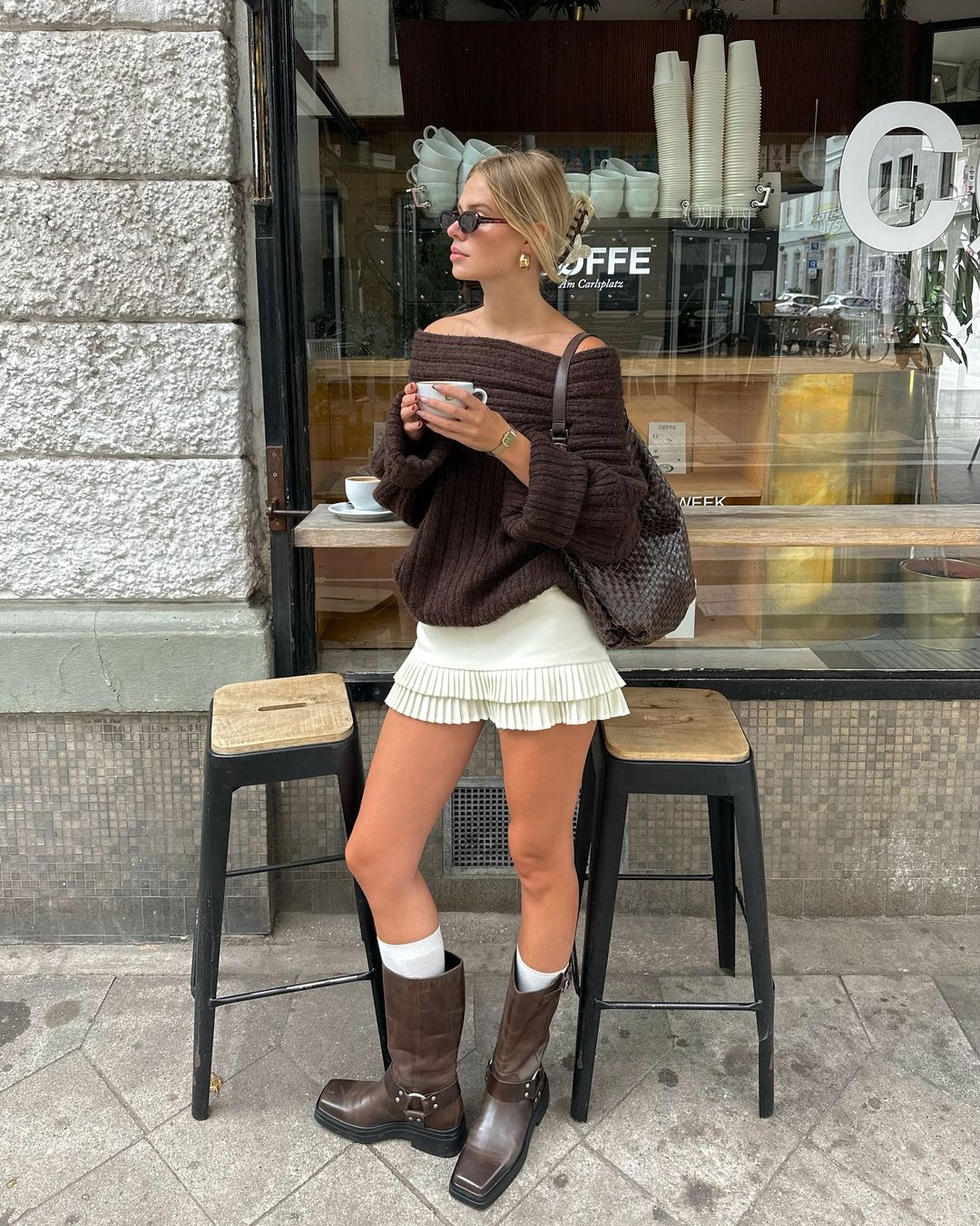 Off-Shoulder Knit Sweater - Brown