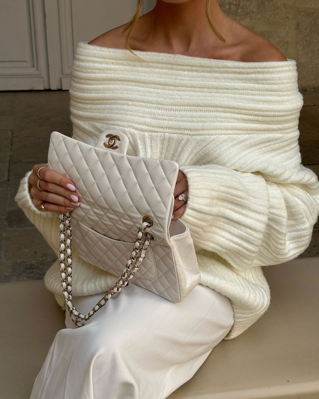 Off-Shoulder Knit Sweater - Cream